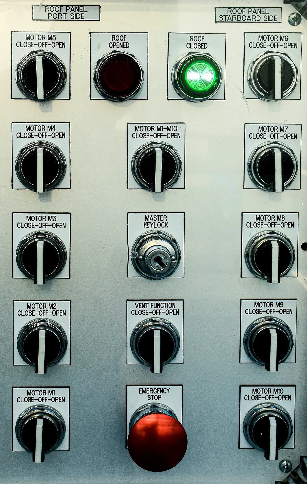 Control panel with rotary switches, indicator lights and a red emergency stop button.