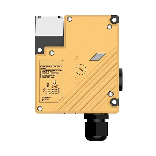 Yellow electromagnetic lock switch with a black cable entry.